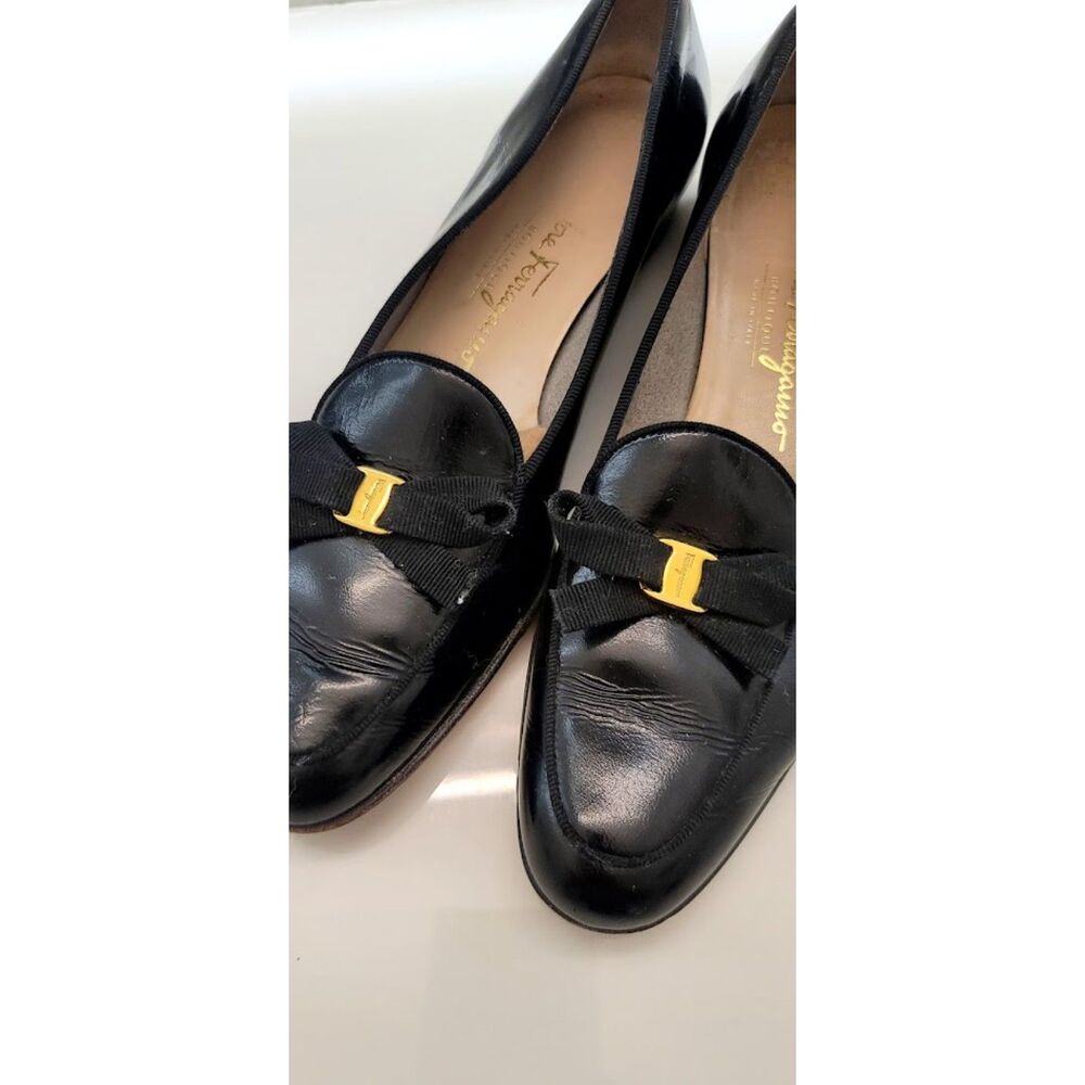 Salvatore Ferragamo Vara Black Patent Bow Loafers Flats Womens 7.5A Vintage 80s - Picture 7 of 10